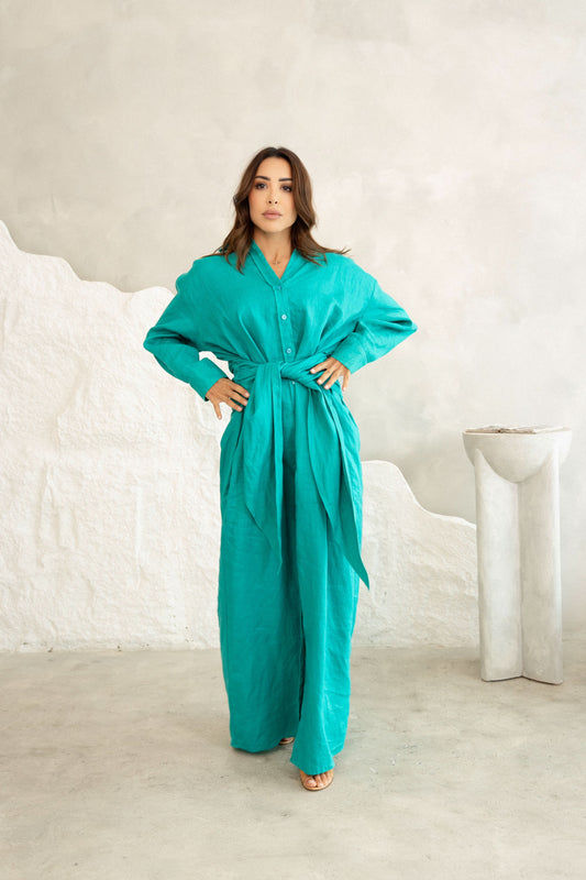 Linen Luxe Wrap Dress - Green