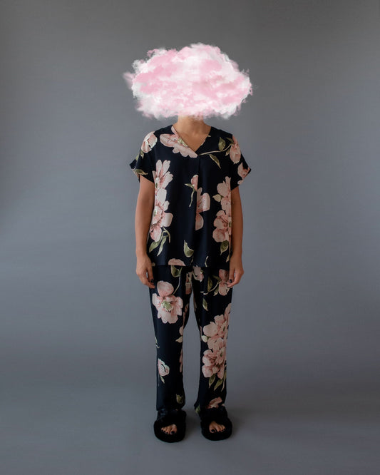 Short Sleeve PJ Set Black Flower Bomb